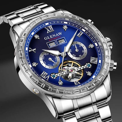 Relógio mecânico multifunções GLENAW – Modelo para homem, estilo empresarial e casual, bracelete em aço inoxidável, estanque, com calendário – Relógio de luxo