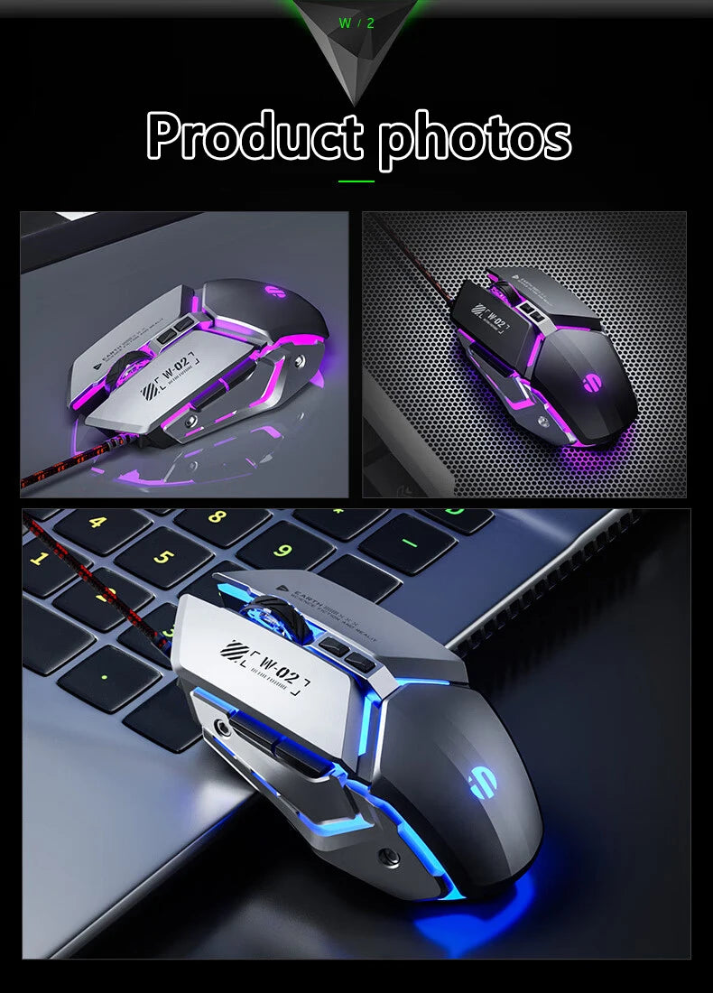 Inphic W2 2. generace USB kabelová herní myš, tiché kliknutí, kovový styl, 6 tlačítek s programováním maker, 8800DPI