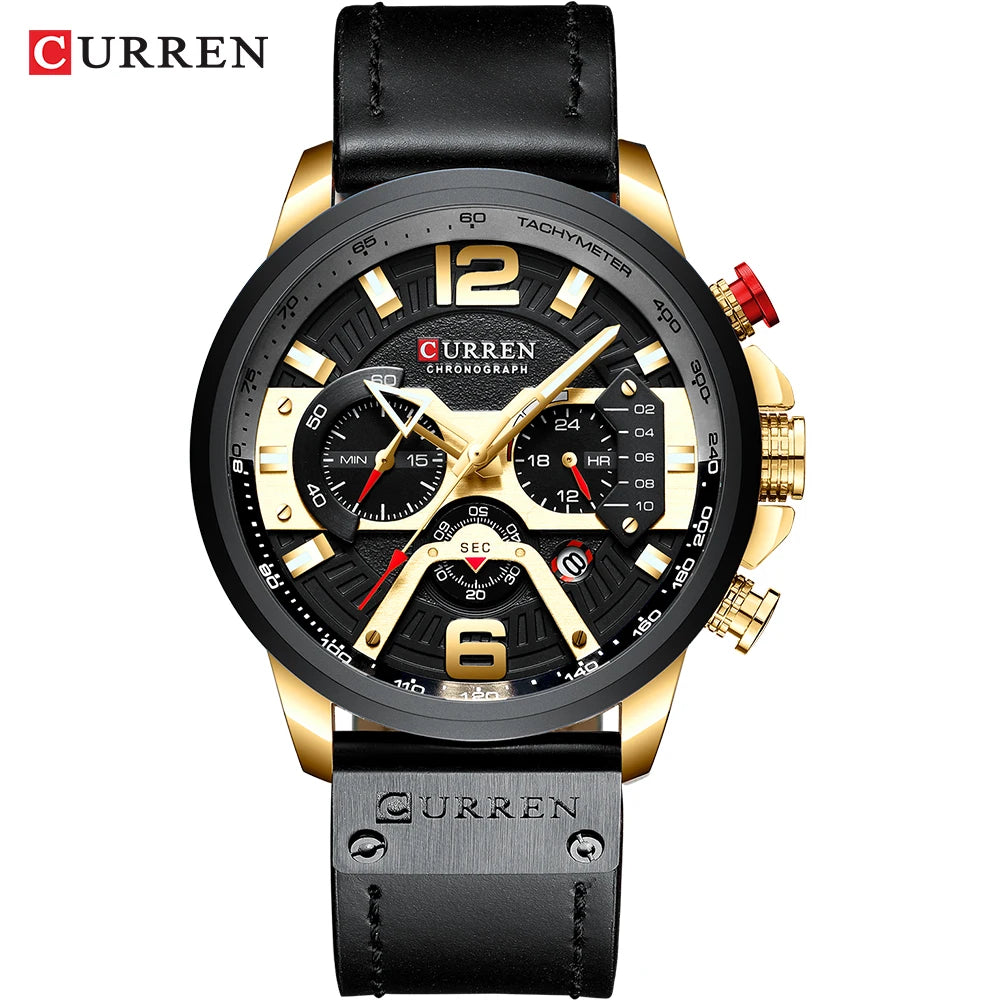 Relógio para homem CURREN 8329 – Estilo desportivo descontraído, design militar, bracelete em pele, cronógrafo na moda, relógio de luxo de grande marca