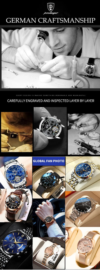 POEDAGAR Business Man Wristwatch Date Chronograph Waterproof Luminous Luxury Men Watch Stainless Steel Quartz Men's Watches Male