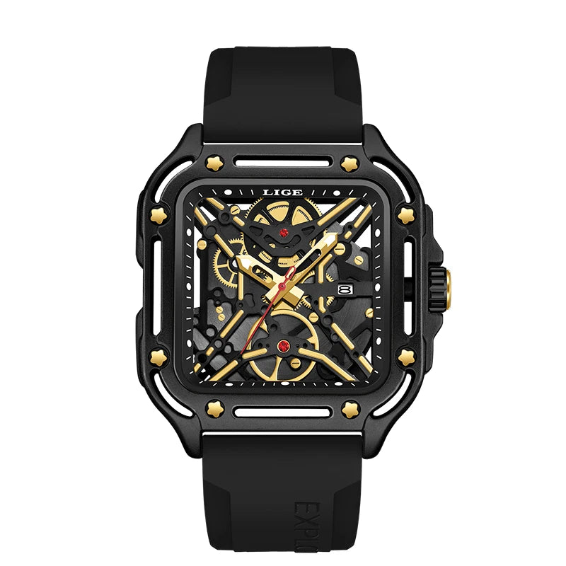 LIGE New Fashion Men Watches Luxury Large Dial Square Design Quartz Watch Casual Silicone Band Men's Sports Watches Reloj Hombre