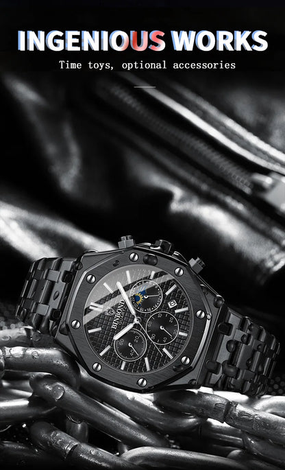 BINBOND 0161 Brand Man Quartz Watch Luxury Luminous Chronograph Wristwatch Stainless Steel Waterproof Men Date Calendar Clock