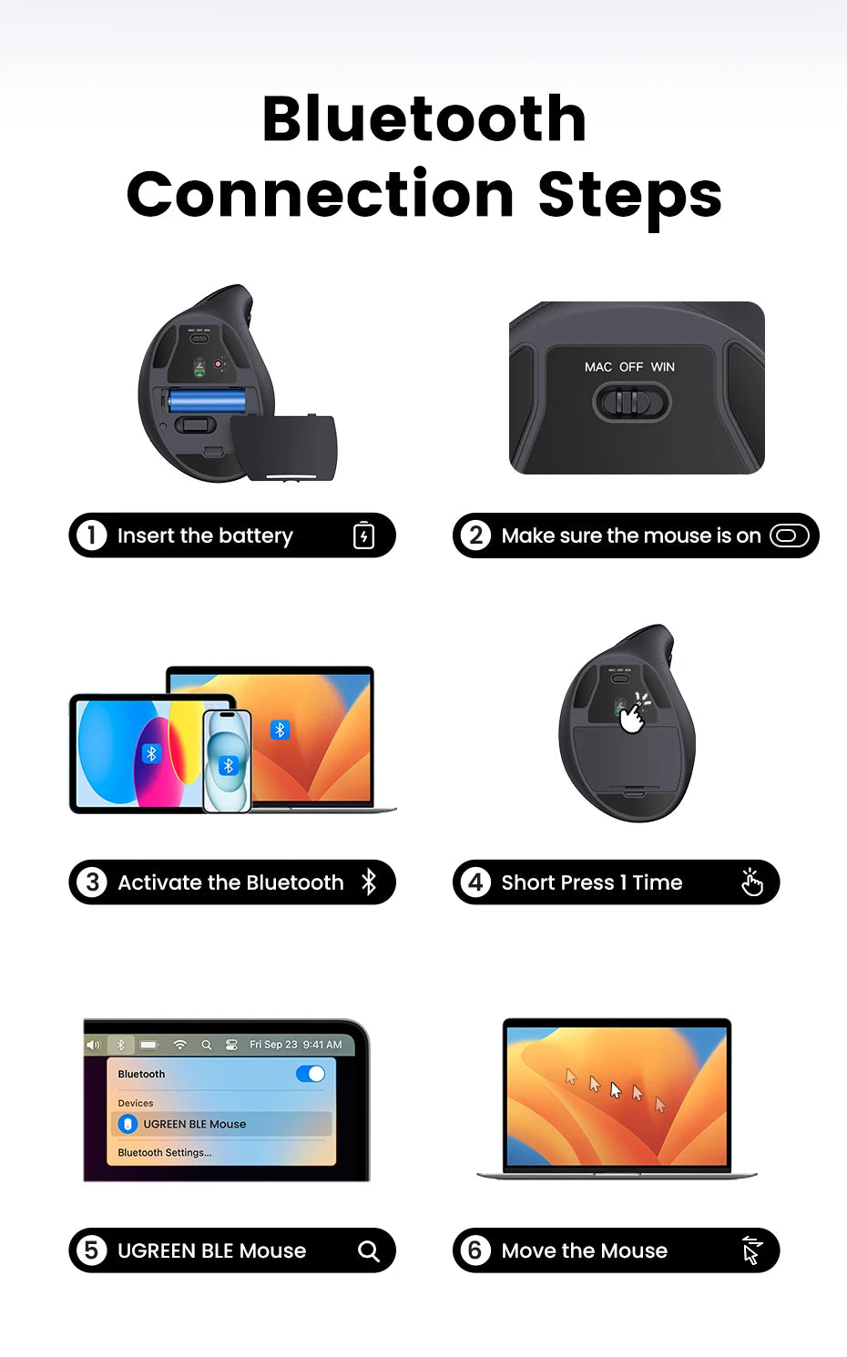 Trådløs mus Bluetooth 5.0 2.4G ergonomisk 4000DPI med 6 lydløse knapper til MacBook, tablet, bærbare computere, computer og PC