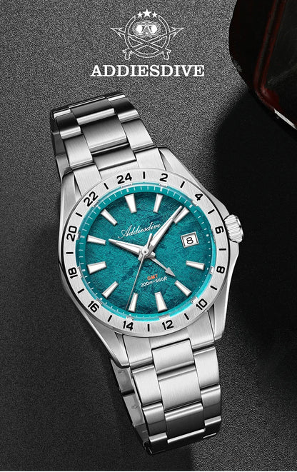 ADDIESDIVE Luxury Swiss Ronda GMT Watch 200M Water Resistant Dual Time Zone BGW9 Luminous 38mm Stainless Steel Quartz Movement