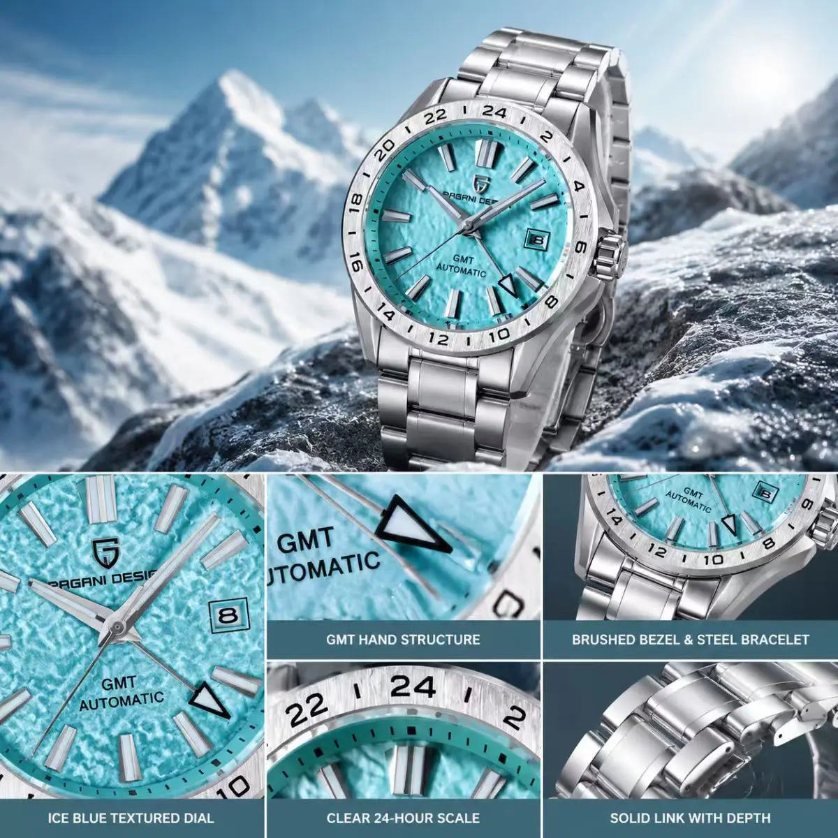 Pagani Design Men's Luxury GMT Automatic Watch Stainless Steel Case Sapphire Glass 100m Waterproof Mechanical Business Watch