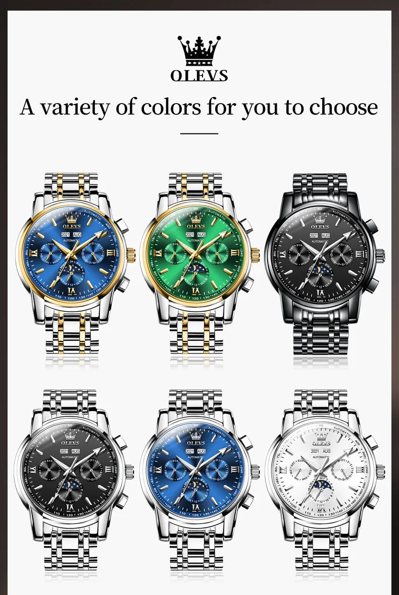 OLEVS 6633 Luxury Men's Watches Automatic Green Watch Men Stainless Steel Waterproof Business Sport Mechanical Wristwatch 6633