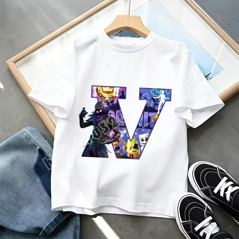 Tricou Fortnite cu imprimeu alfabet A-Z, de vară, pentru copii, alb, îmbrăcăminte cu joc cartoon popular, tricou fashion casual cu mânecă scurtă, cadou
