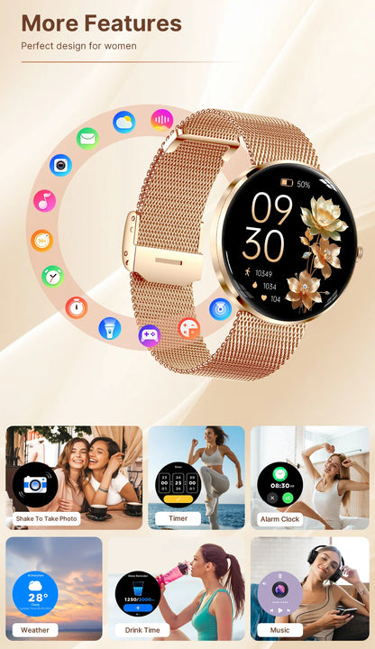 MEVADEN 8.5mm Ultra-thin Luxury Stainless Steel Smart Watch Women 1.43" AMOLED HD Screen Health Monitor Sport Smartwatch H33