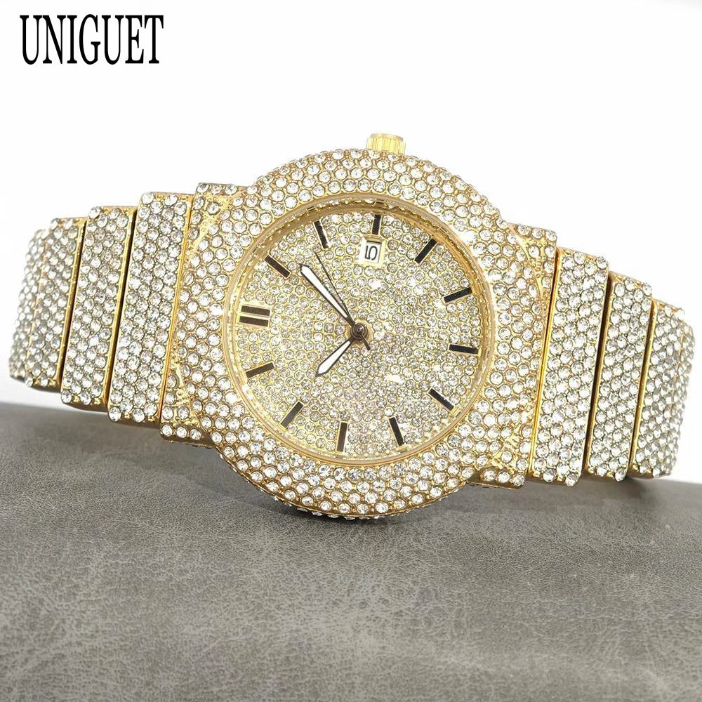 2025 UNIGUET Men's Fashion Iced Watches Luxury Hip Hop Full Diamond Jewelry Quartz Waterproof Business Wrist Watch for Men New