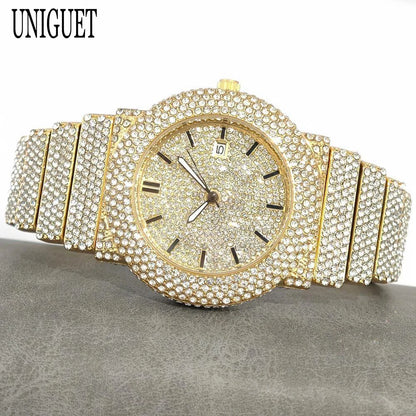 2025 UNIGUET Men's Fashion Iced Watches Luxury Hip Hop Full Diamond Jewelry Quartz Waterproof Business Wrist Watch for Men New