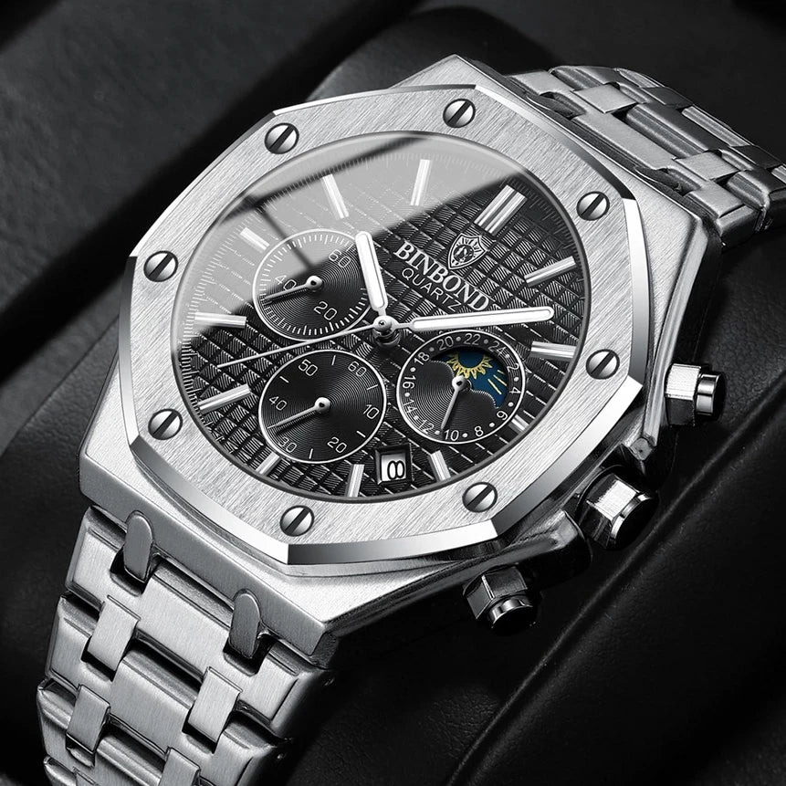 BINBOND 0161 Brand Man Quartz Watch Luxury Luminous Chronograph Wristwatch Stainless Steel Waterproof Men Date Calendar Clock