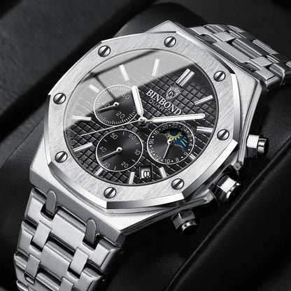 BINBOND 0161 Brand Man Quartz Watch Luxury Luminous Chronograph Wristwatch Stainless Steel Waterproof Men Date Calendar Clock