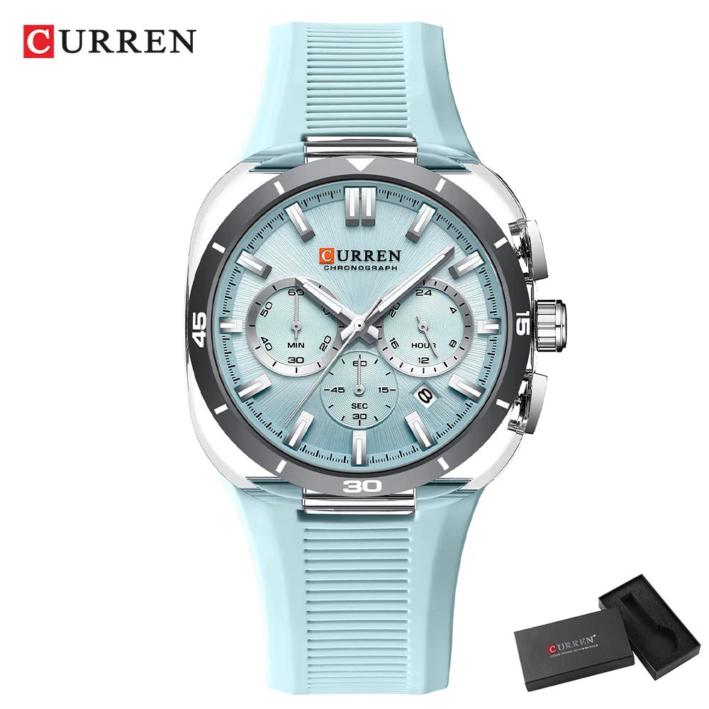 Relógio de homem CURREN – Novo modelo de luxo com movimento de quartzo, bracelete em silicone, estilo desportivo, multifunções, à prova de água, luminoso, com indicação da data e cronómetro.