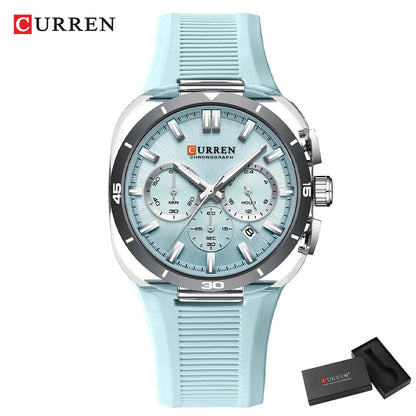Relógio de homem CURREN – Novo modelo de luxo com movimento de quartzo, bracelete em silicone, estilo desportivo, multifunções, à prova de água, luminoso, com indicação da data e cronómetro.
