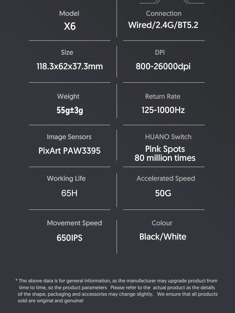 Attack Shark X6 Lightweight Wireless Gaming Mouse with 3 Mode Up to 26K DPI RGB Backlight Charging Base for Laptop Deskbtop