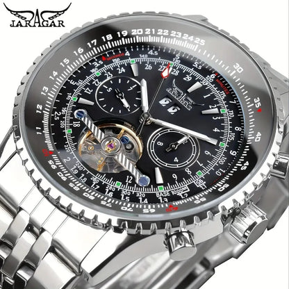 Relógio mecânico automático retro de luxo JARAGAR 034, turbilhão, esqueleto oco, aço inoxidável, calendário semanal, relógio para homem