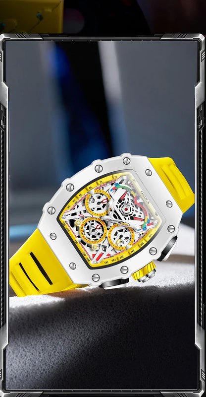 ONOLA Fashion Mens Tonneau Watches Waterproof Chronograph Quartz Clock Sports Silicone Strap White Wristwatch Luxury 2024 New