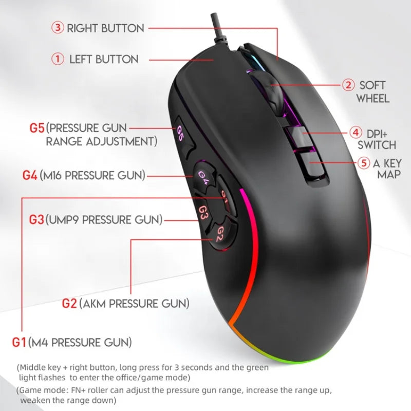 Kancelářská herní myš s kabelem 7200DPI, RGB podsvícení, 6 nastavitelných úrovní DPI, 10 programovatelných tlačítek, tlačítko návratu na plochu