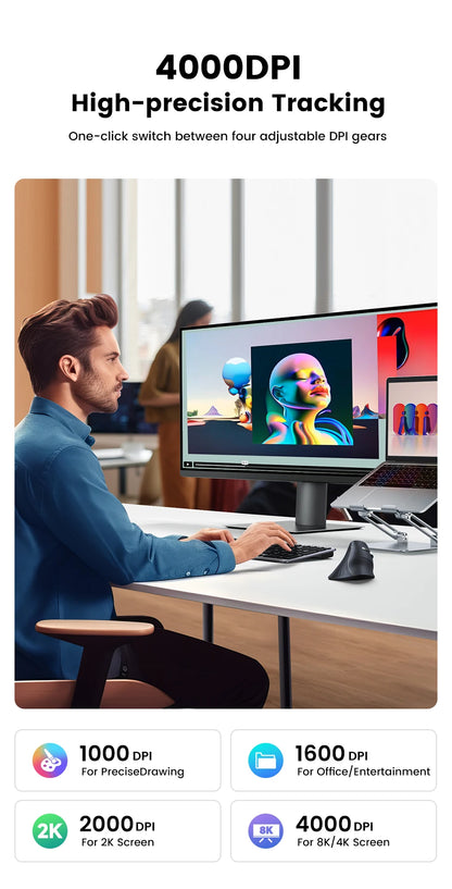 Trådløs mus Bluetooth 5.0 2.4G ergonomisk 4000DPI med 6 lydløse knapper til MacBook, tablet, bærbare computere, computer og PC