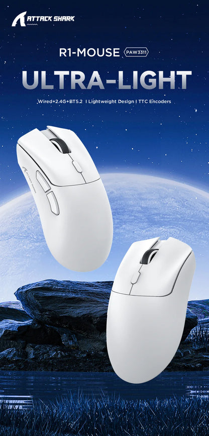 Mouse de gaming wireless Attack Shark R1 Lightweight Bluetooth 2.4G, PAW3311, 18000DPI, ergonomic, cu macrocomenzi