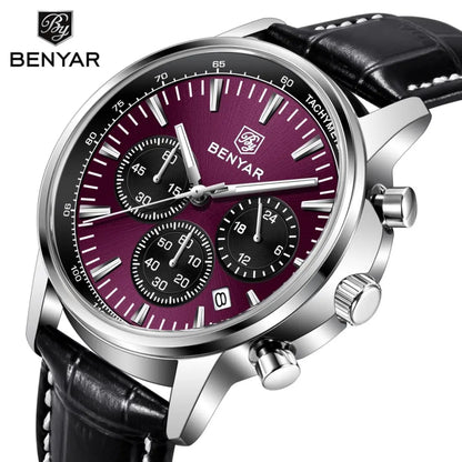 Relógio de luxo para homem Benyar – Cronógrafo com data, bracelete em pele, estanque, luminescente, estilo desportivo e militar, relógio de quartzo