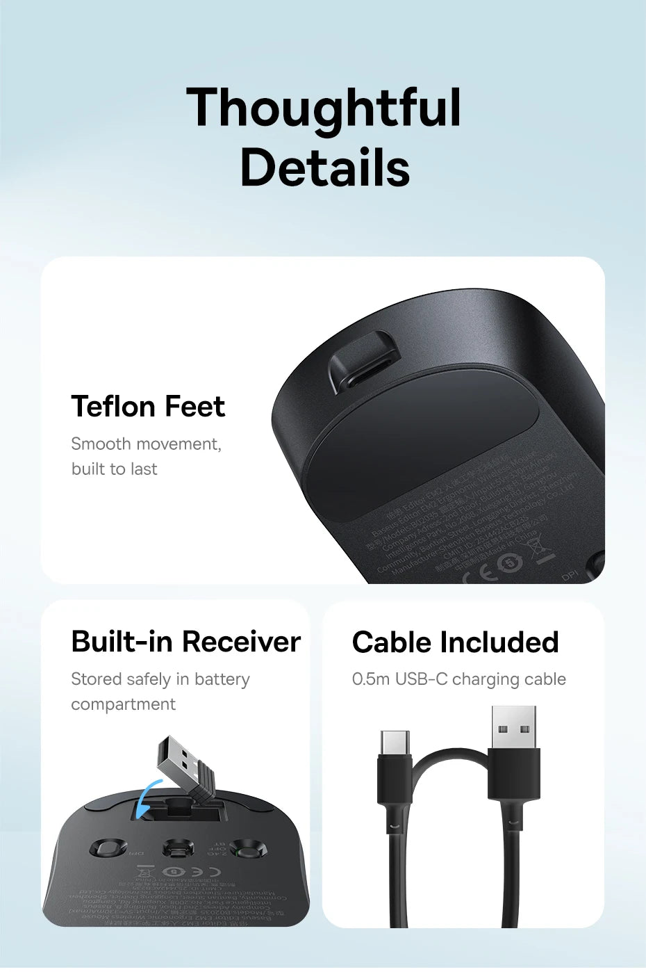 【NOVINKA】Baseus EM2 ergonomická bezdrátová myš Bluetooth 5.3 2.4G nabíjení Type-C ultralehká tichá myš s přizpůsobitelným tlačítkem