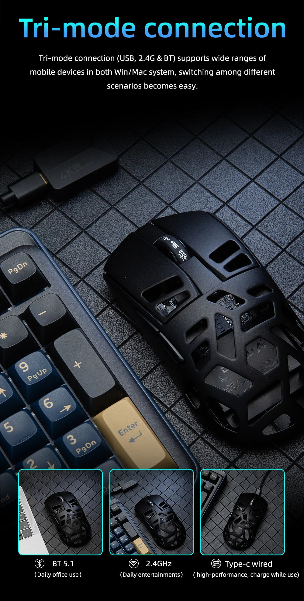 DAREU Al-mg Tri-mode 8Khz PBT bezdrôtová herná myš s rýchlym nabíjaním PAW3950 30000 DPI, ľahká, pre PC hráčov