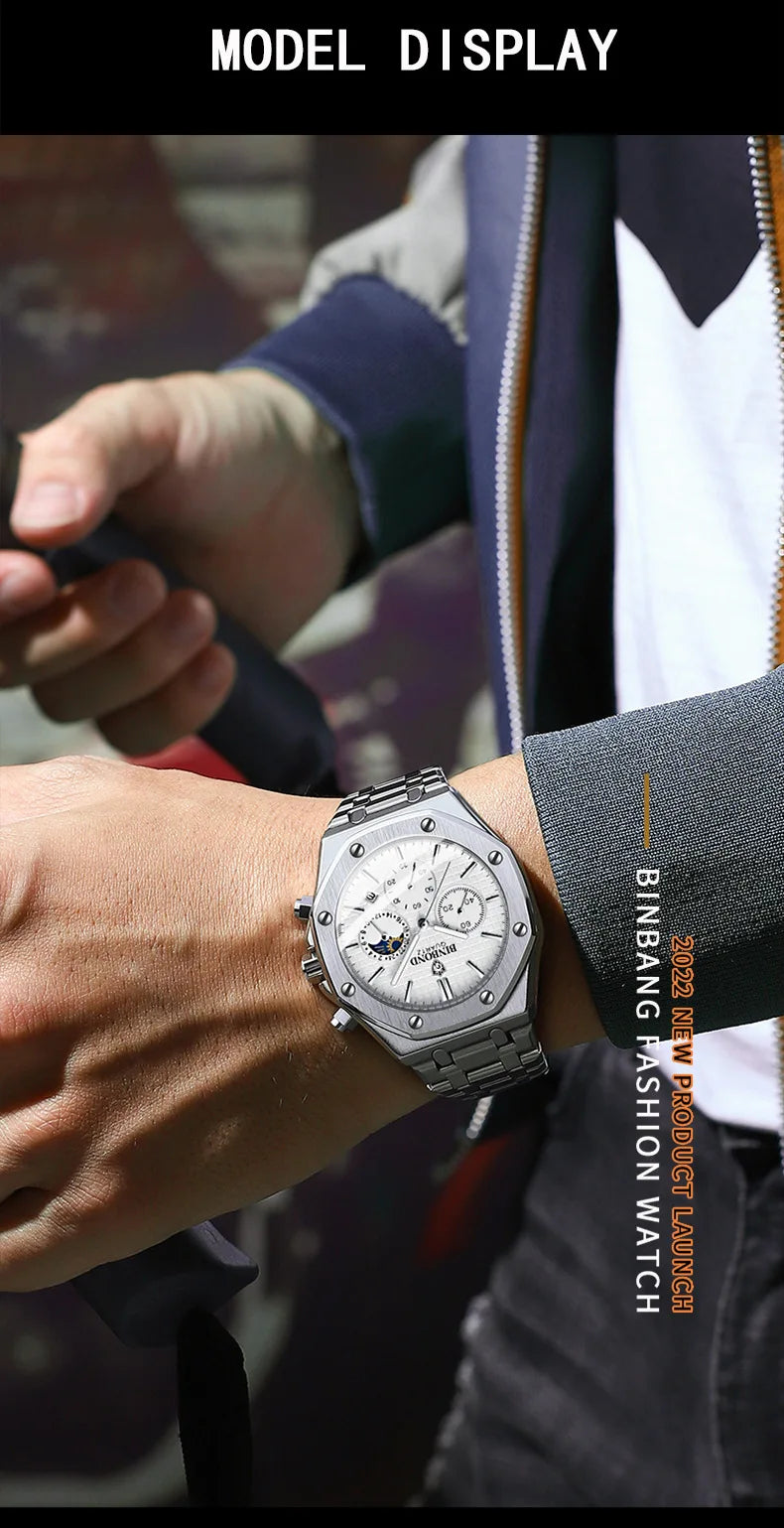 BINBOND 0161 Brand Man Quartz Watch Luxury Luminous Chronograph Wristwatch Stainless Steel Waterproof Men Date Calendar Clock