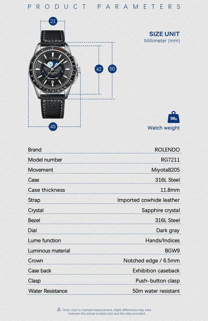 ROLENDO 1908 Men Automatic Mechanical Watch 21 Jewels Black Genuine Leather Business Wristwatch Waterproof Luxury Male Timepiece
