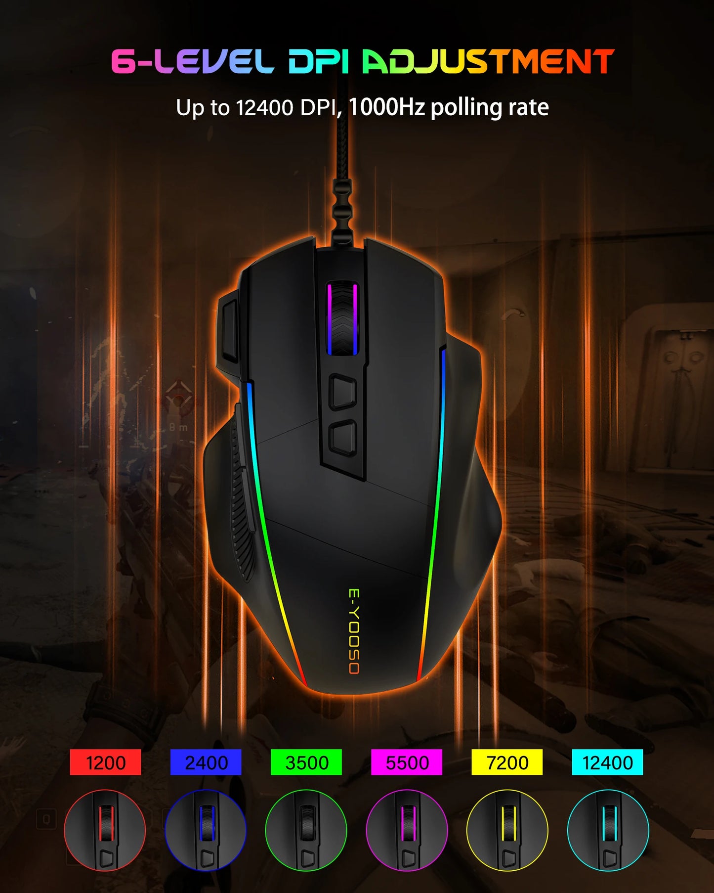 Drátová herní myš E-YOOSO X49, nastavitelných 12400 DPI, RGB podsvícení, 8 programovatelných tlačítek, ergonomická myš pro hráče na PC a notebook