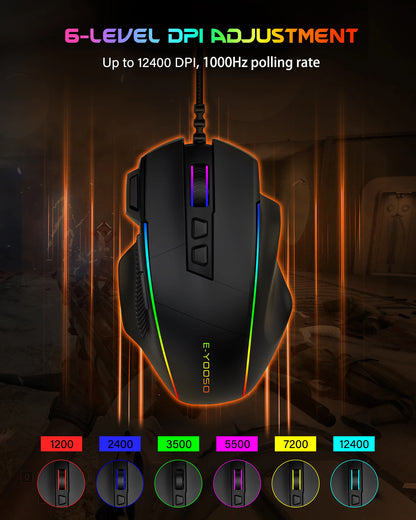 Drátová herní myš E-YOOSO X49, nastavitelných 12400 DPI, RGB podsvícení, 8 programovatelných tlačítek, ergonomická myš pro hráče na PC a notebook