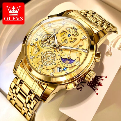 Montre pour homme OLEVS – Modèle de luxe, étanche, à quartz, style squelette, affichage 24 heures (jour/nuit), coloris doré