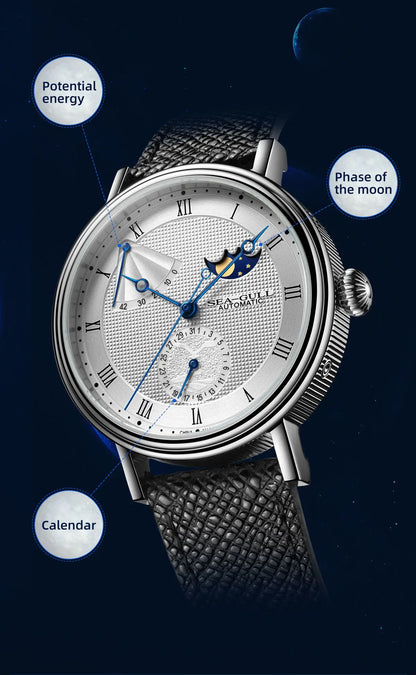 Seagull Men's Business Wristwatch Moon Phase Leather Luxury Automatic Mechanical Men's Watches 50M Waterproof Relogio 6092