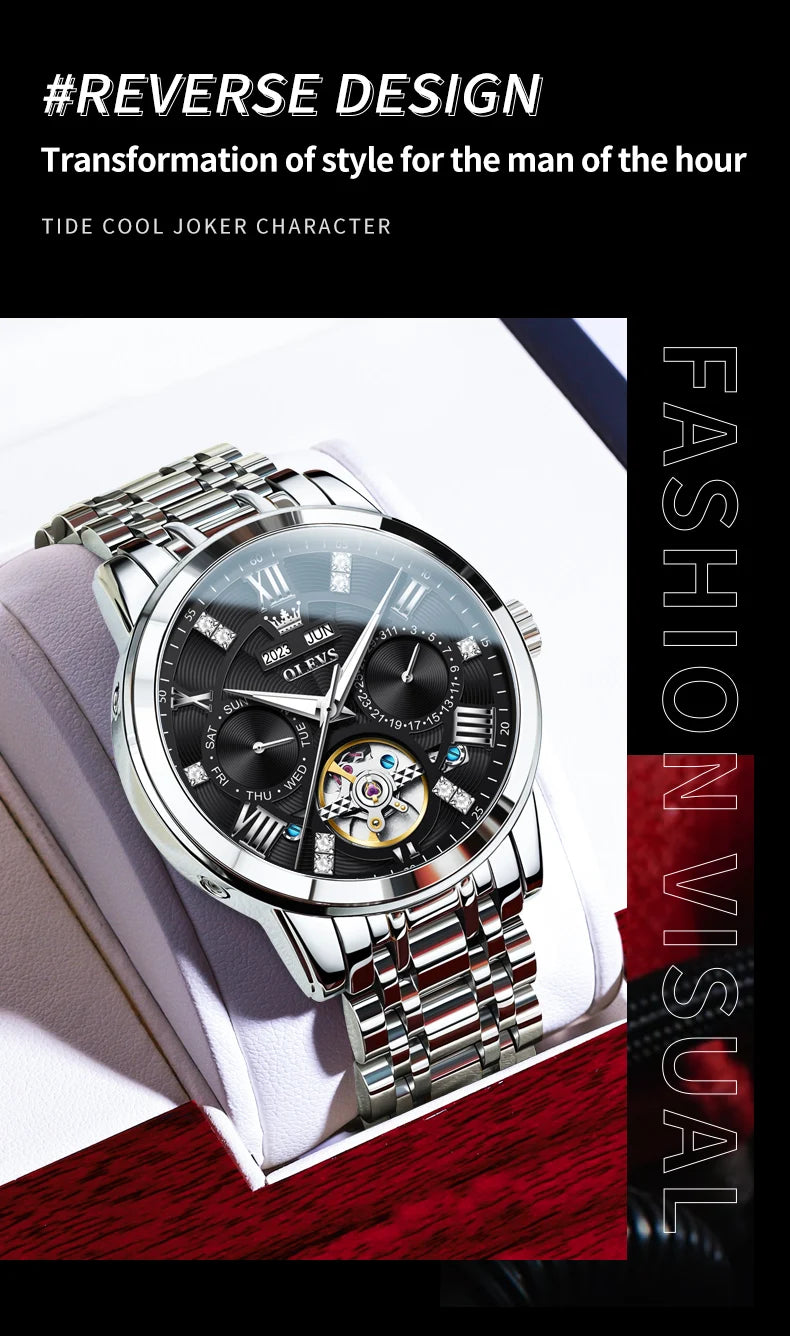 OLEVS Men's Watches Skeketon Flywheel Automatic Mechanical Original Wristwatch for Man Waterproof Luminous Perpetual Calendar