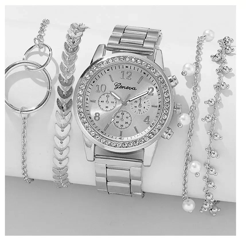 5PCS Quartz Watch Set Women Fashion Silver Round 3 Eyes Alloy Strap Wristwatch Gift Rhinestone Watch For Women Jewelry Set