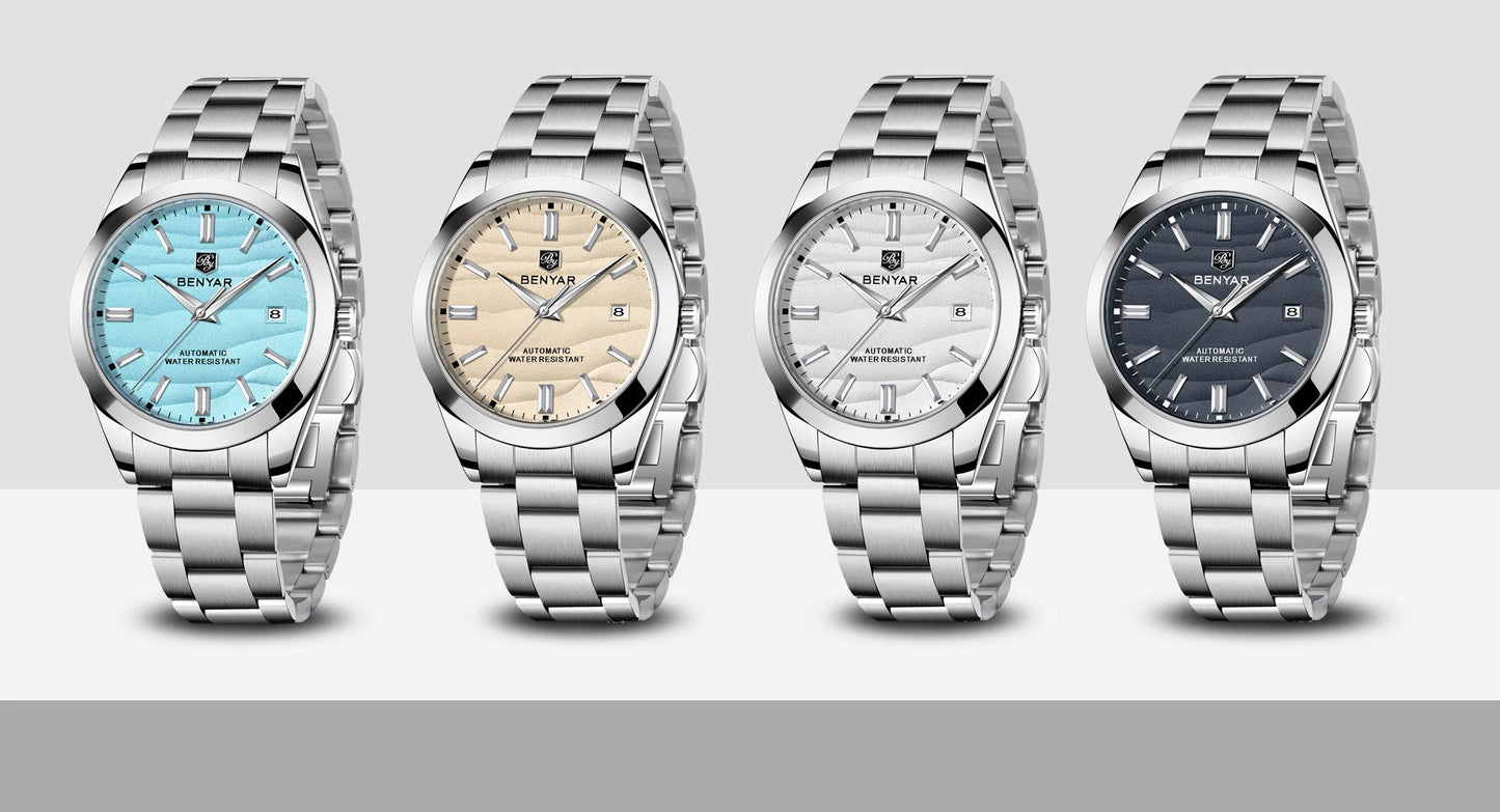BENYAR luxury brand 40MM sand grain dial men's watch, stainless steel 50 meter waterproof automatic mechanical watch