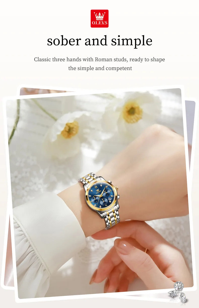 OLEVS 2858 Chronograph Quartz Wristwatches for Woman Fashion Elegant Classic Auto Date Waterproof Stainless Steel Women's Watch