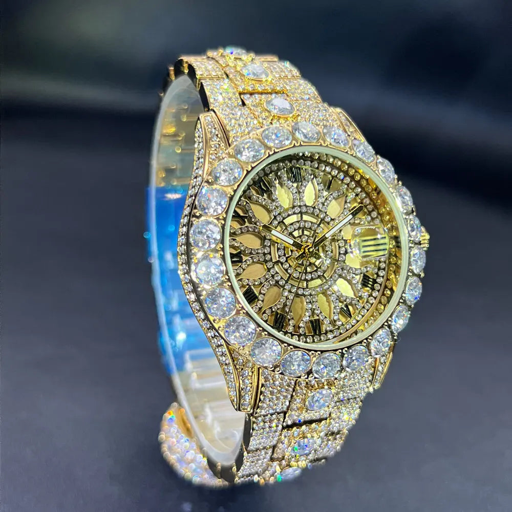 MISSFOX Fashion lced Out Silver Mens Watch Luxury Calendar Waterproof Watch For Man Hip Hop High Quality Big Diamond Wristwatch