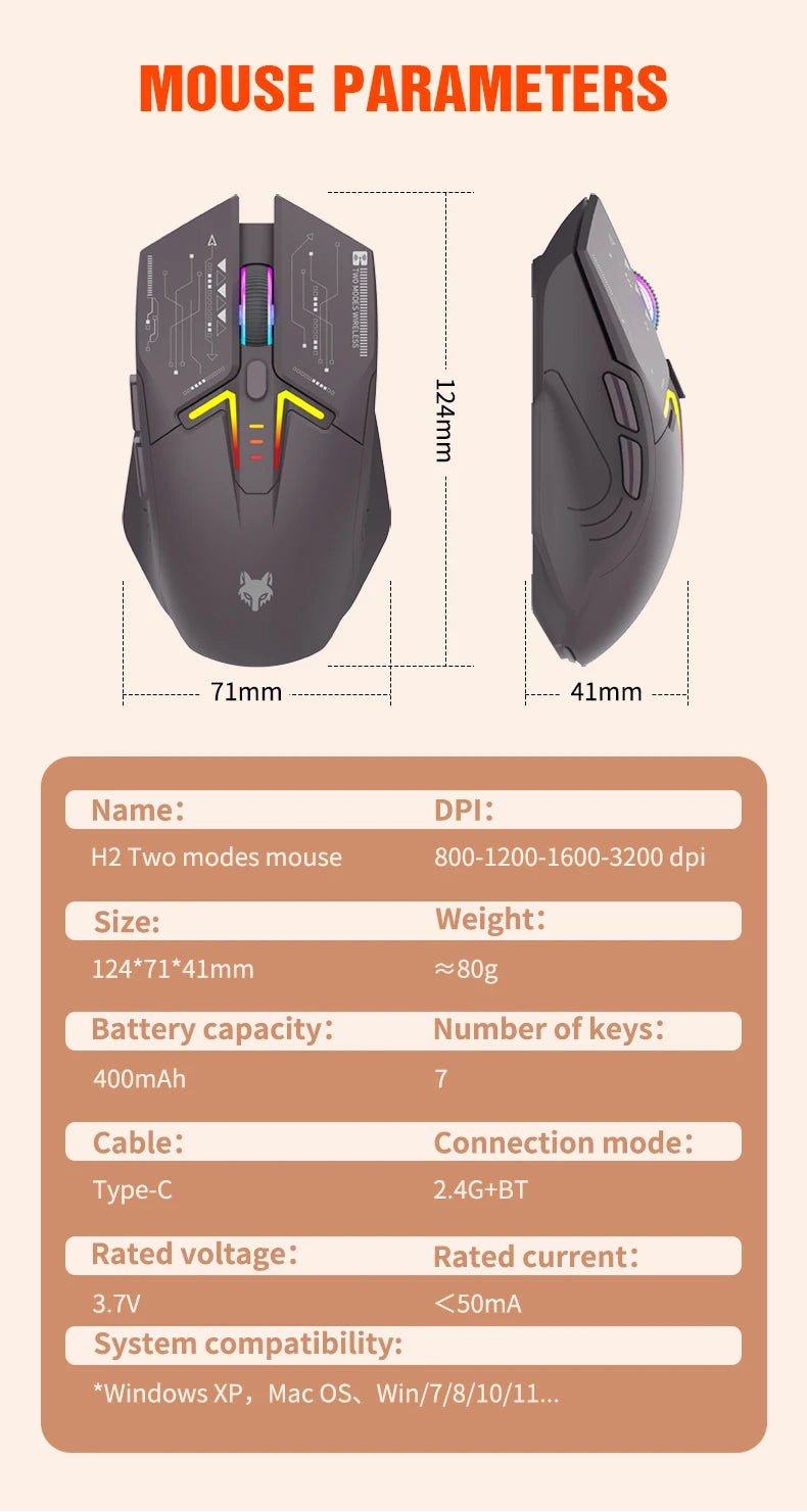 XUNSVFOX H2 trådløs Bluetooth-mus med dual-mode, RGB-lyseffekt, til laptop, gaming og kontor, med magnetisk opladning