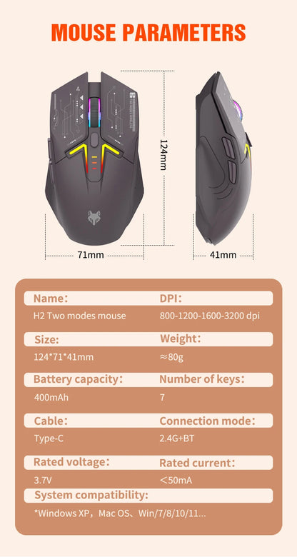 XUNSVFOX H2 trådløs Bluetooth-mus med dual-mode, RGB-lyseffekt, til laptop, gaming og kontor, med magnetisk opladning