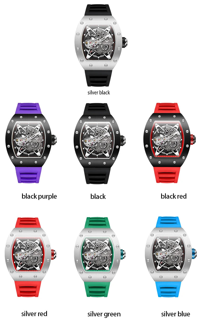 ONOLA Luxury Automatic Watch Men Fashion Hollow Silicone Waterproof Mechanical Watch Men Military Sports Watch Clock