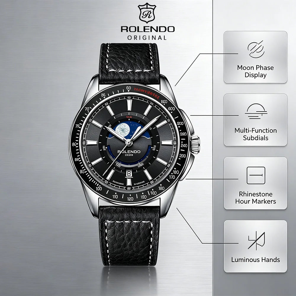 ROLENDO 1908 Men Automatic Mechanical Watch 21 Jewels Black Genuine Leather Business Wristwatch Waterproof Luxury Male Timepiece