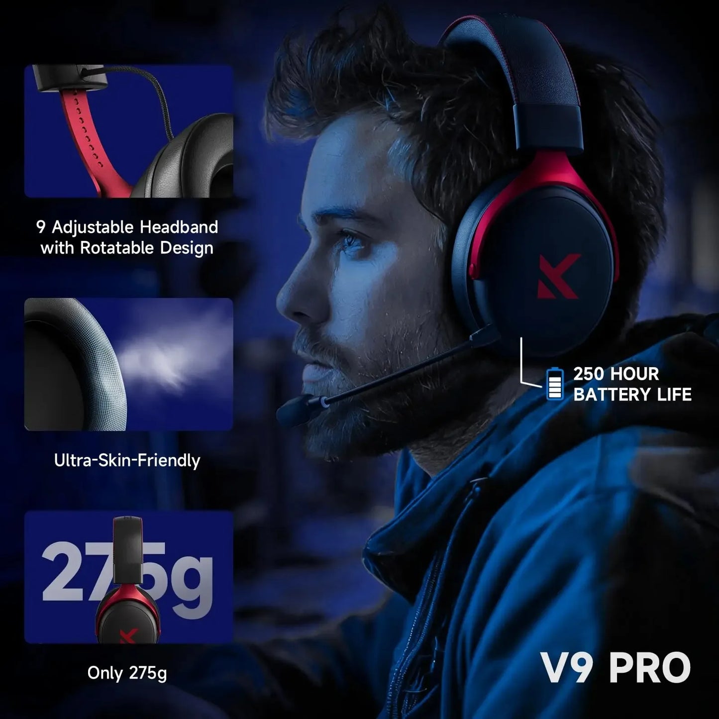 MCHOSE V9 Pro Gaming Wireless Headset 7.1 Surround Sound Headphones Noise Canceling Mic Low Latency Lightweight for PS5 PC SWITCH