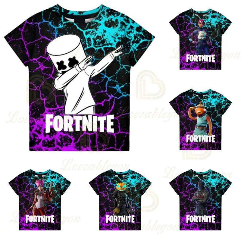 T-shirt Fortnite para Meninos, Tops Infantis de Verão, Roupa de Criança com Gráficos 3D Divertidos do Jogo Battle Royale, T-shirt para Crianças Pequenas e Meninas