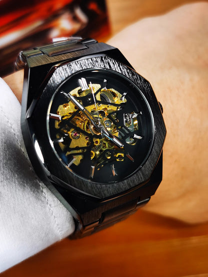 WINNER Black Gold Skeleton Mechanical Watches for Men Fashion irregular Automatic Watch Luxury Brand Stainless Steel Strap 2023