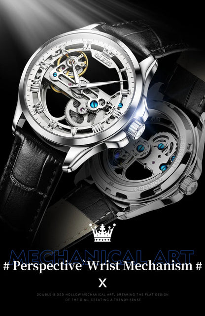 OLEVS Skeleton Automatic Mechanical Watch Men Leather Strap Luminous Waterproof Luxury Business Wristwatch For Man 6661