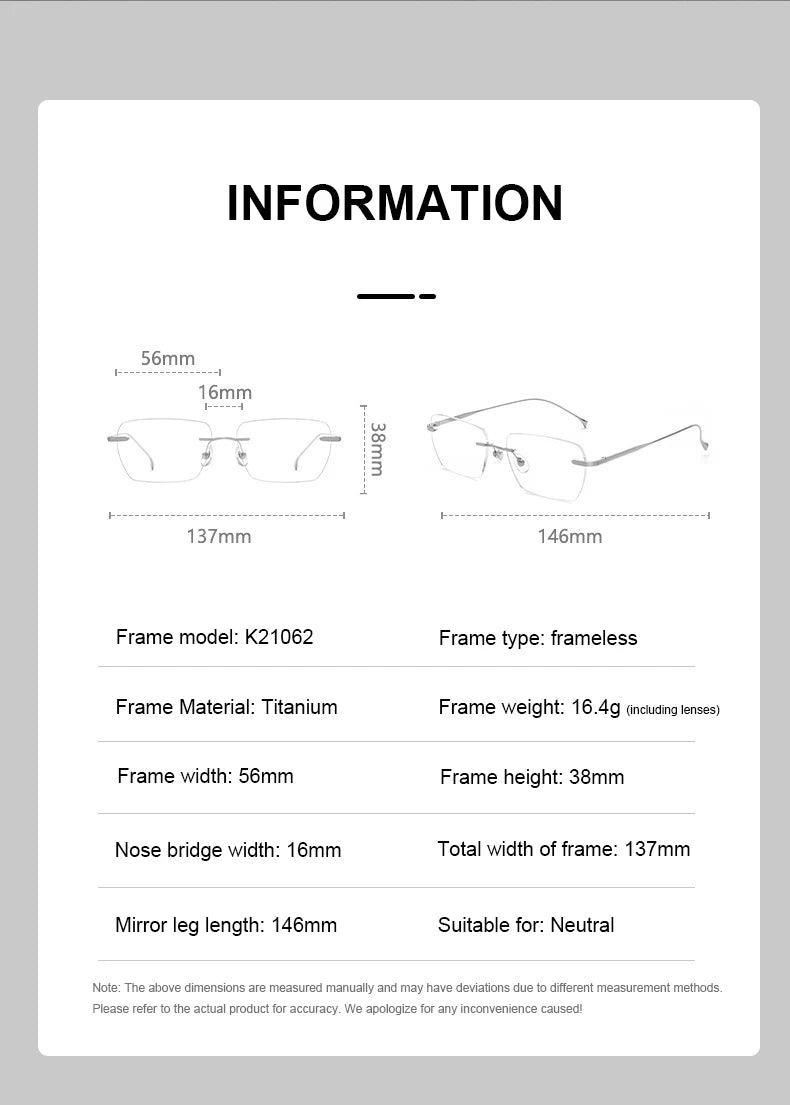 Men Pure Titanium Eyeglasses Frame Women Ultralight Rimless Glasses Blue Light Blocking Lens Prescription Myopia Reading Eyewear