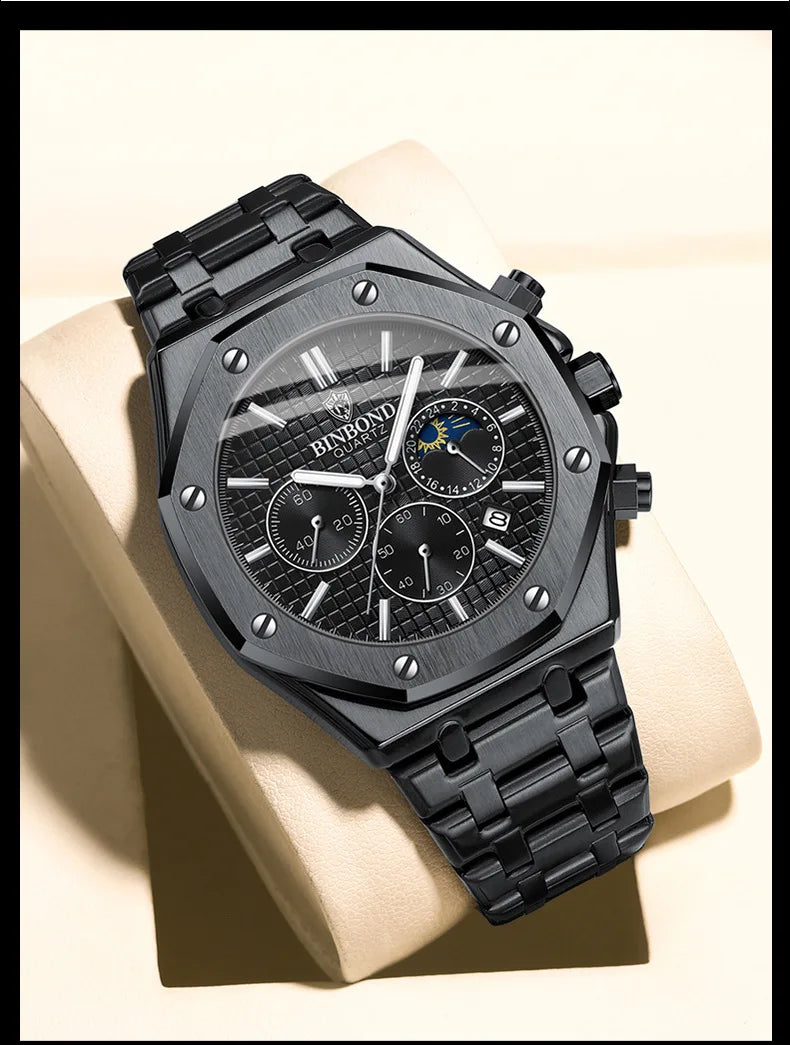 BINBOND 0161 Brand Man Quartz Watch Luxury Luminous Chronograph Wristwatch Stainless Steel Waterproof Men Date Calendar Clock