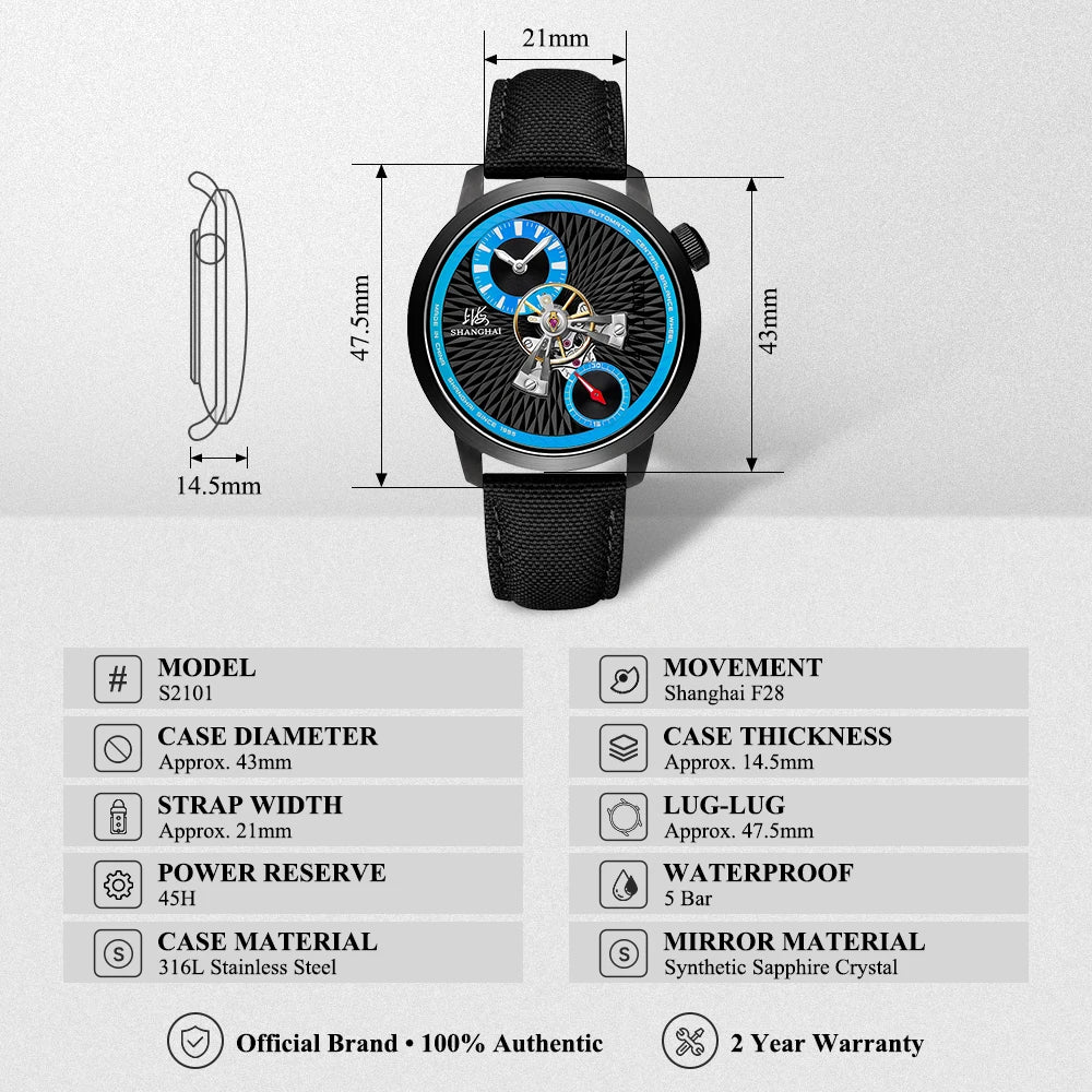 Shanghai Watch Sky Dome Men's Automatic Watches 42mm Center Flywheel Mechanical Wristwatch 5Bar Waterproof Watches Reloje S2101