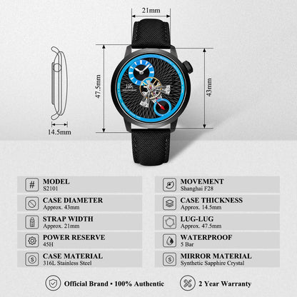 Shanghai Watch Sky Dome Men's Automatic Watches 42mm Center Flywheel Mechanical Wristwatch 5Bar Waterproof Watches Reloje S2101